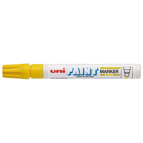 Yellow Uni Paint Marker PX-20 with 2.8mm bullet tip, perfect for vibrant, permanent markings on various surfaces.