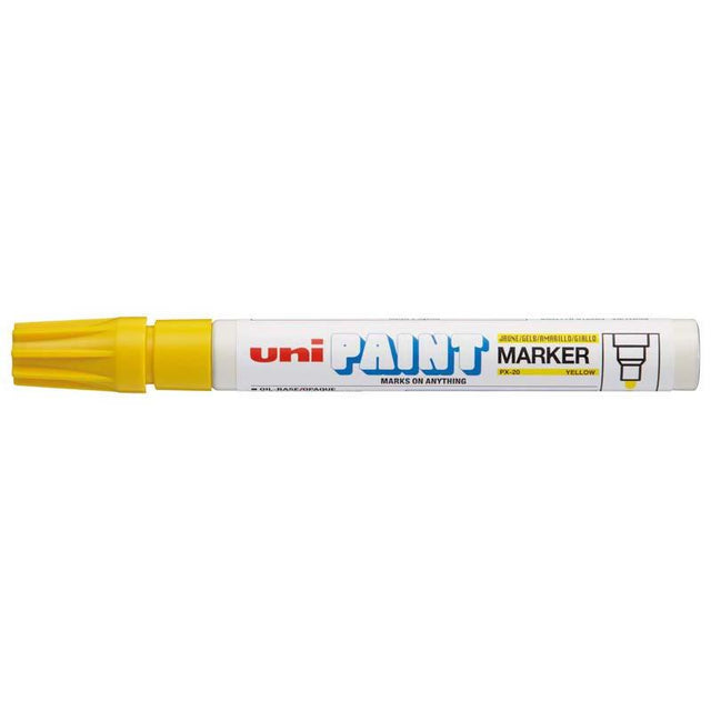 Yellow Uni Paint Marker PX-20 with 2.8mm bullet tip, perfect for vibrant, permanent markings on various surfaces.