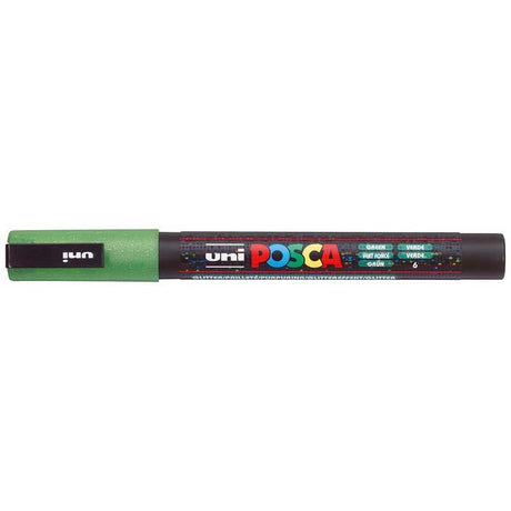 Glitter green Uni Posca Marker with a 0.9-1.3mm fine tip, perfect for detailed art on various surfaces.