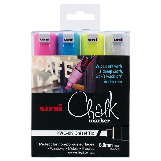 Set of four Uni Chalk Markers with 8.0mm chisel tip in pink, blue, yellow, and white for vibrant designs on non-porous surfaces.