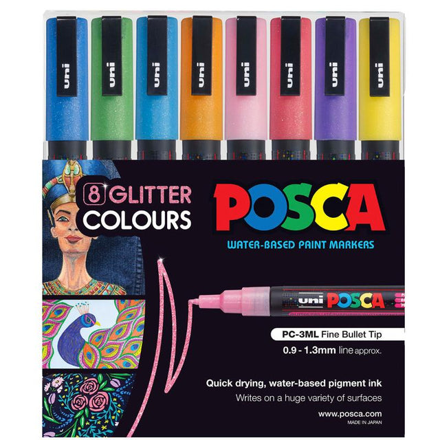 Uni Posca Marker 8 Pack features fine glitter markers in vibrant colors, perfect for detailed artistic projects and crafts.