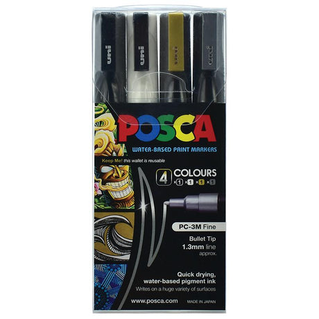 Uni Posca Marker 4 Pack in Black, White, Gold, and Silver for versatile, precise artistic expression on various surfaces.