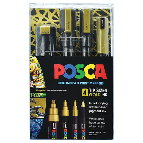 Uni Posca Marker Gold Set of 4, featuring various tip sizes for detailed artwork and vibrant, opaque gold ink.