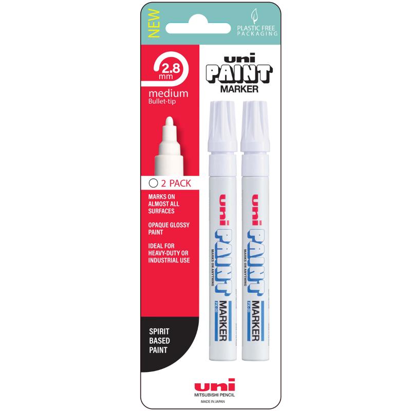 White Uni Paint Marker 2.8mm bullet tip, ideal for precise marking on various surfaces, waterproof and fade-resistant.