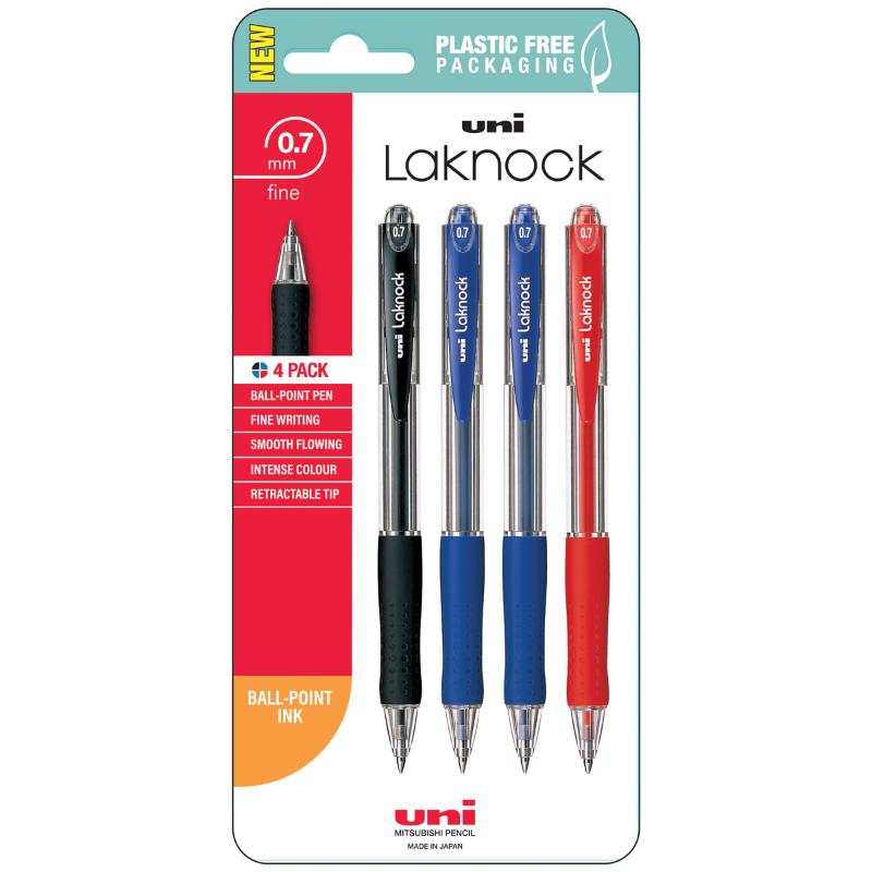 Uni Laknock 0.7mm retractable ballpoint pens in assorted colors, featuring a soft grip and quick-drying ink for precise writing.