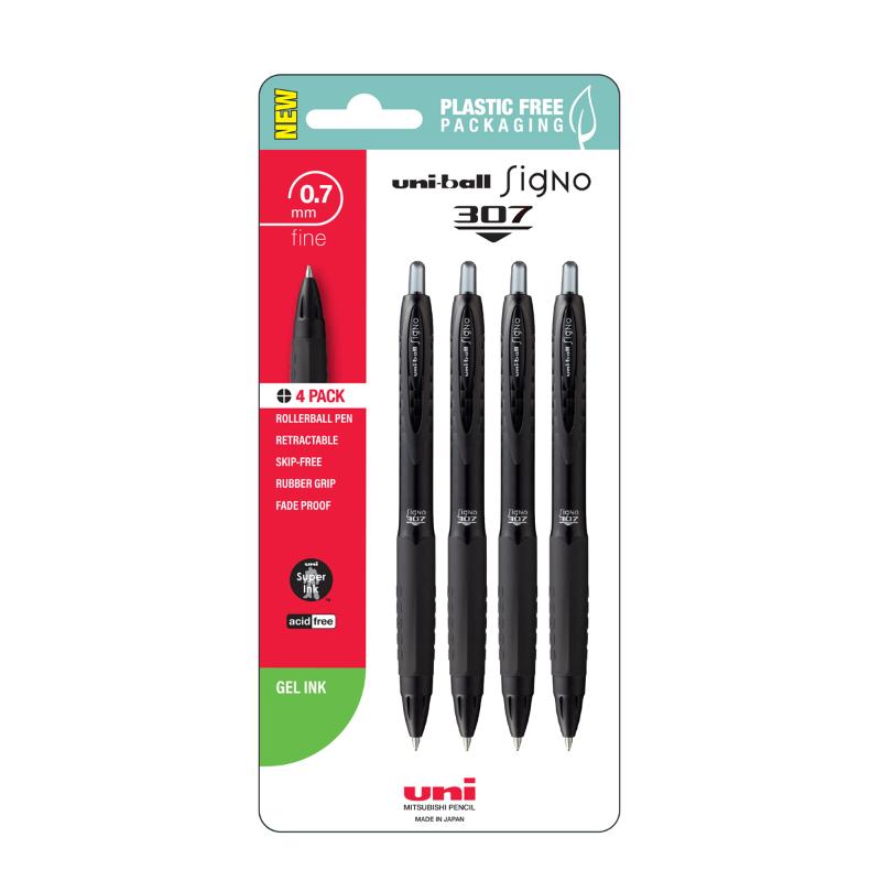 Uni Signo 307 0.7mm fine retractable black pens with a comfortable grip, ideal for precise writing and drawing.