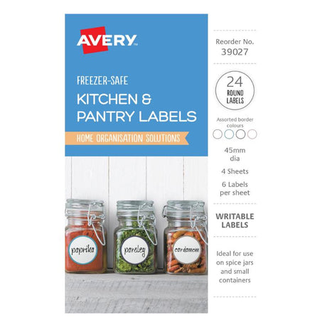 Avery 45mm assorted kitchen labels in a circular design, ideal for organizing pantry items with removable adhesive and writable surface.