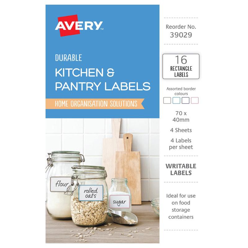 Durable Avery kitchen labels, 70x40mm, in assorted colors for easy identification of food storage containers.