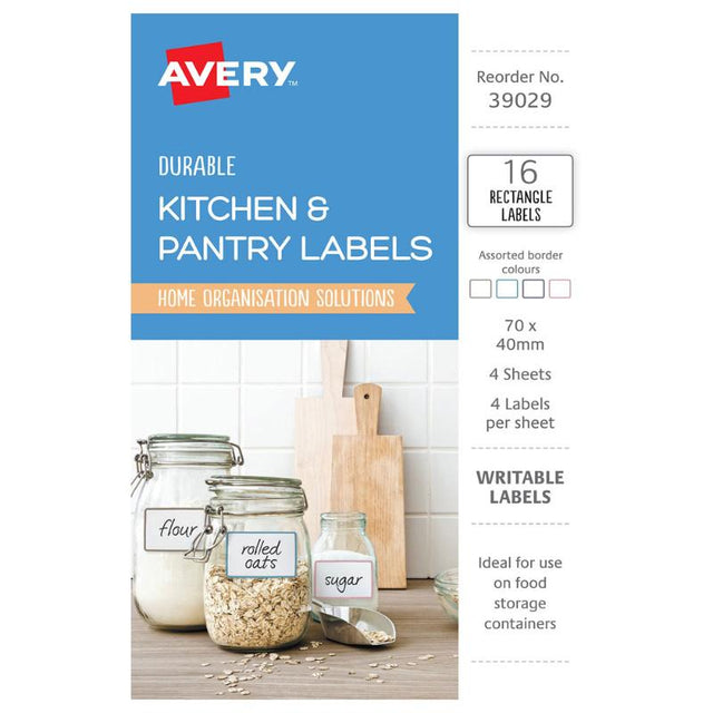 Durable Avery kitchen labels, 70x40mm, in assorted colors for easy identification of food storage containers.