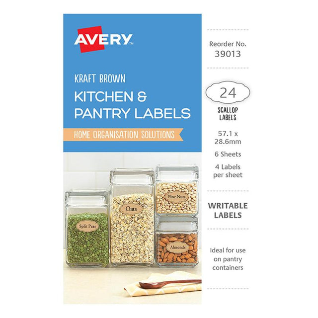 Kraft scallop labels by Avery, perfect for organizing jars and containers, featuring a black border for handwritten identification.