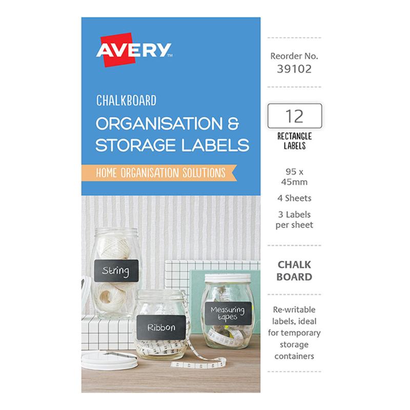 Avery Chalkboard Labels in A6 size, 12 wipeable, reusable labels for organizing containers with erasable black surfaces.