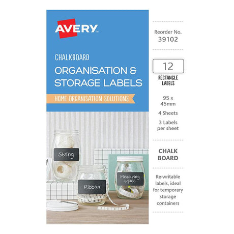 Avery Chalkboard Labels in A6 size, 12 wipeable, reusable labels for organizing containers with erasable black surfaces.