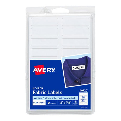 Avery No Iron Fabric Labels, 45x13mm, 54 pack, ideal for easy labeling of fabric items without ironing.