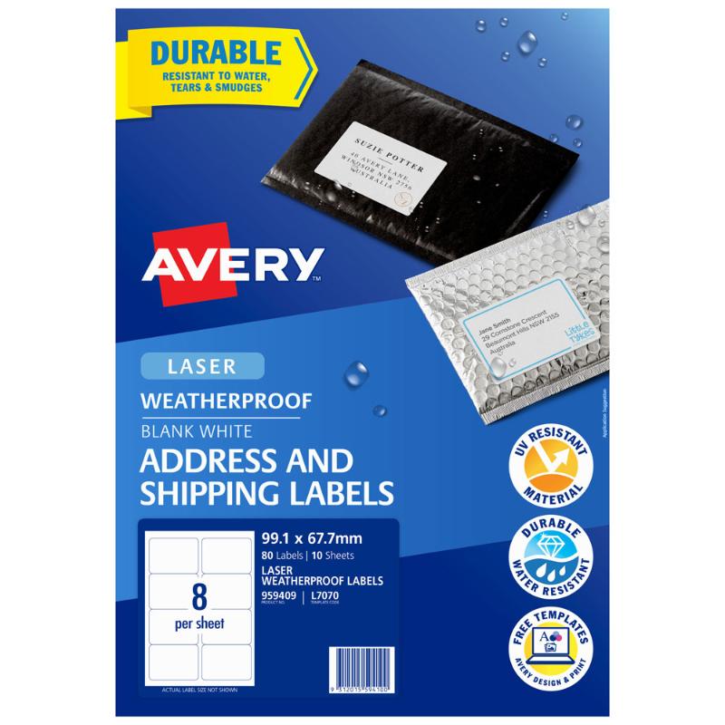 Avery Weatherproof Labels L7070 on 10 sheets, 80 durable labels ideal for shipping, weather-resistant, UV-resistant, and customizable.