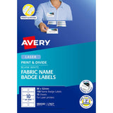 Avery L7427 fabric name badges for events, 88x52mm, 150 labels, removable adhesive, customizable with design software.