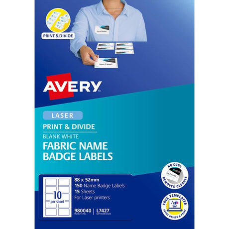 Avery L7427 fabric name badges for events, 88x52mm, 150 labels, removable adhesive, customizable with design software.