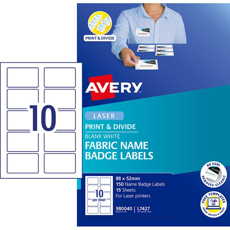 Avery L7427 fabric name badges, 88x52mm, 150 labels, ideal for events, customizable with removable adhesive.