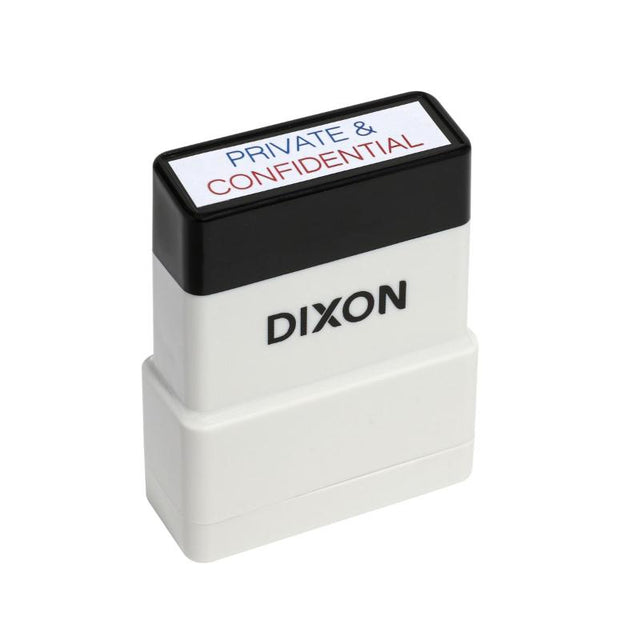 Pre-inked Dixon Stamp 045 in blue and red, compact 13x42mm size for marking confidential documents securely.