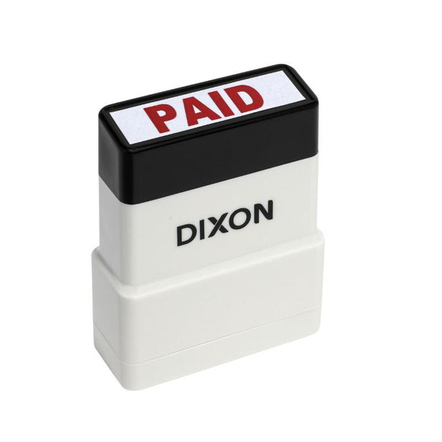 Dixon Stamp 049 Paid Red Pre-Inked Stamp, 13x42mm, durable plastic for clear 'PAID' impressions; ideal for office use.