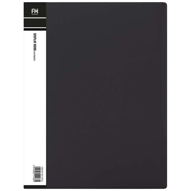 A4 black display book with 10 clear polypropylene pockets for organizing and showcasing documents and presentations.