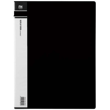 A4 black display book with 40 clear polypropylene pockets for organized, professional document presentation.