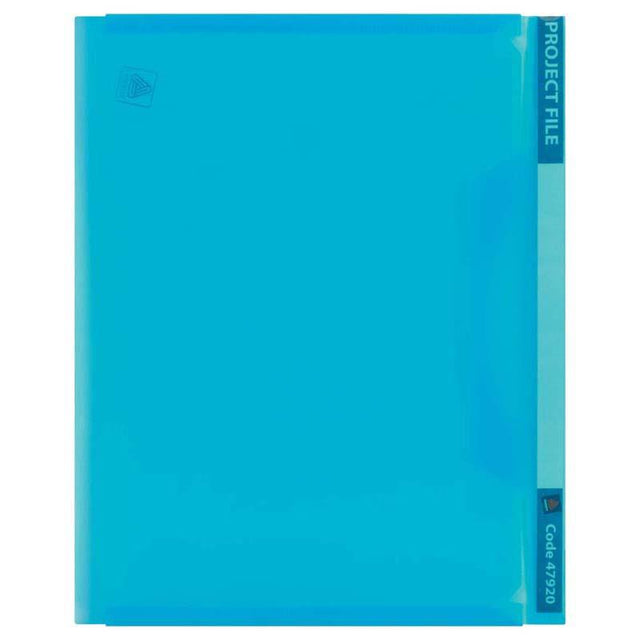 Avery Project File A4 in blue with reversible color-coded strip, durable polypropylene, holds up to 20 sheets securely.