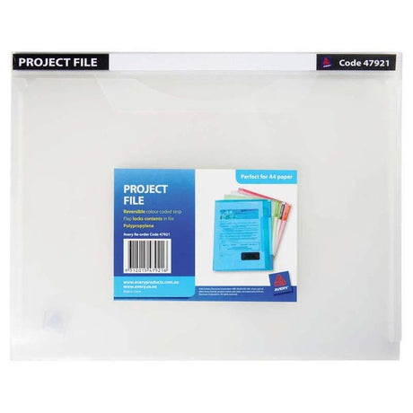 Avery A4 clear project file with reversible strip, holds 20 sheets, made from durable polypropylene for safe document storage.