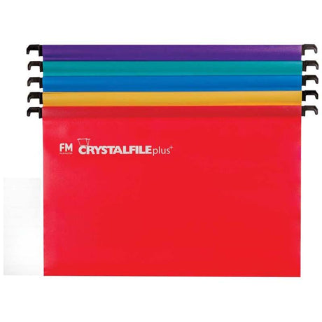 Assorted pack of durable FM File Suspension Crystafiles in polypropylene, featuring non-rip surfaces and easy labeling tabs.