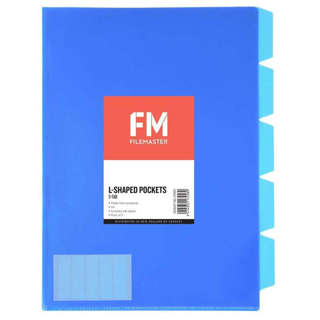 A pack of five blue L-shaped A4 pocket dividers with five tabs for efficient document organization and easy labeling.