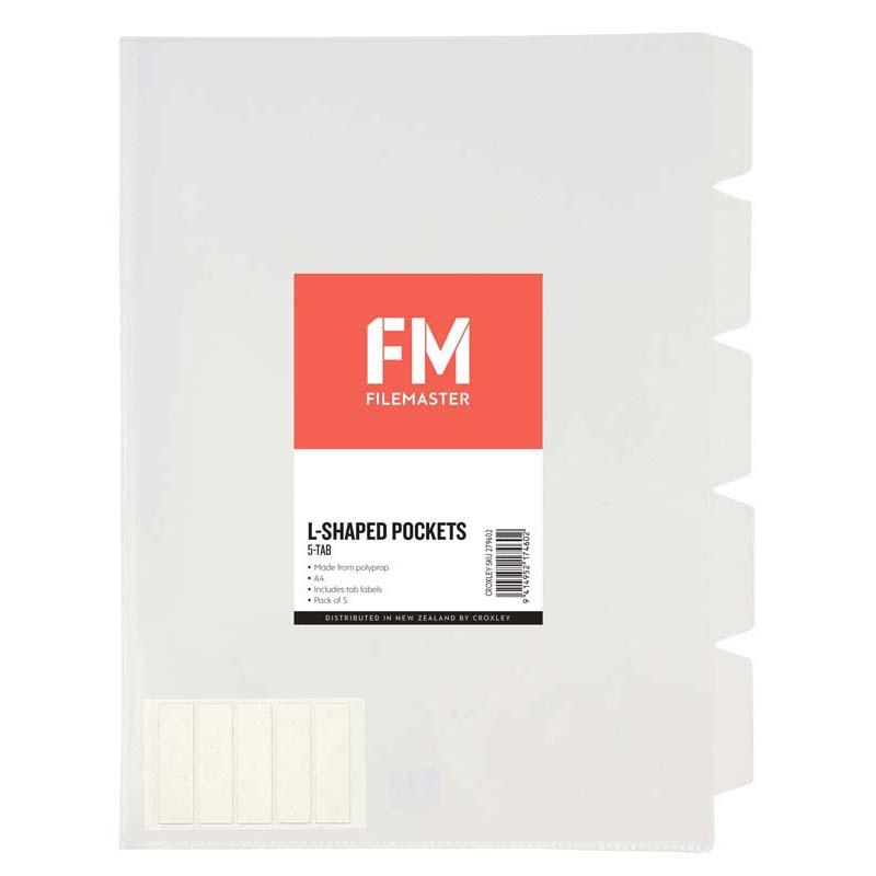 Clear A4 L-shaped pockets with 5 tab dividers for efficient document organization and easy access, perfect for home or office use.