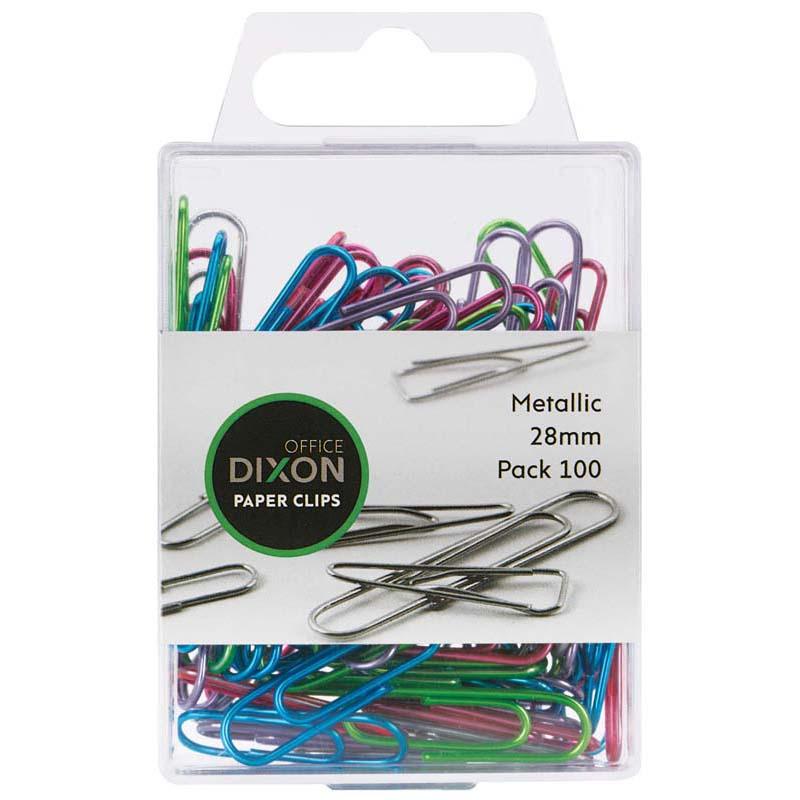 Pack of 100 metallic colored 28mm Dixon paper clips, perfect for organizing documents with style and durability.