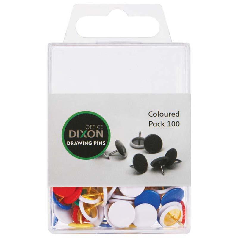 Dixon Drawing Pins in assorted vibrant colors, durable plastic and metal, perfect for organizing papers and artwork.