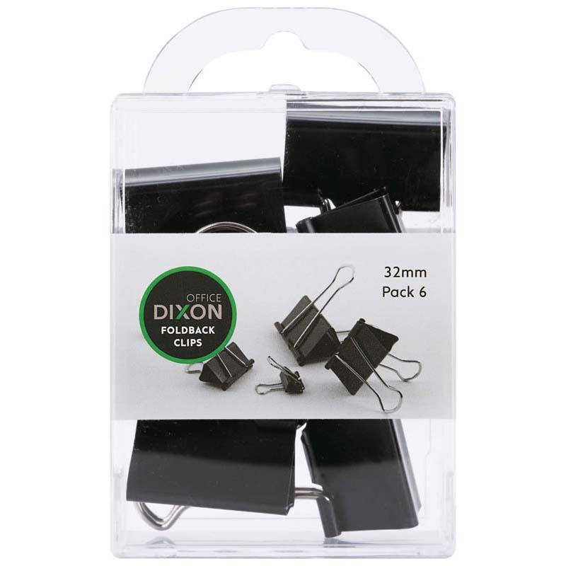 Dixon Foldback Clips in silver; 32mm clips pack of 6, ideal for organizing papers securely in office or school.