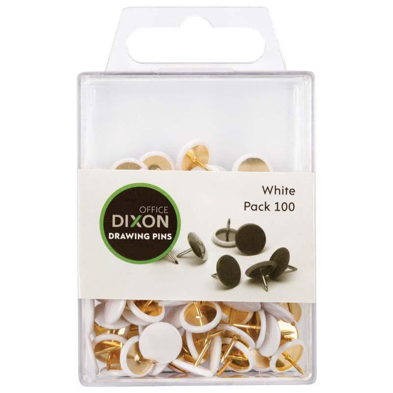 White Dixon drawing pins pack of 100 for versatile pinning needs, featuring durable plastic and metal design, ideal for organization.