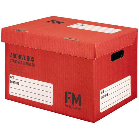 Red cardboard storage box, 384x284x262mm, sturdy for archival documents, stacks 4 high, max load 16kg.