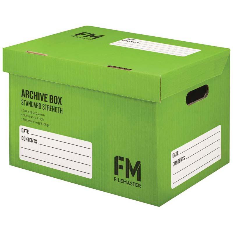 Green cardboard storage box measuring 384x284x262mm, designed for documents and files with a max load of 16kg.