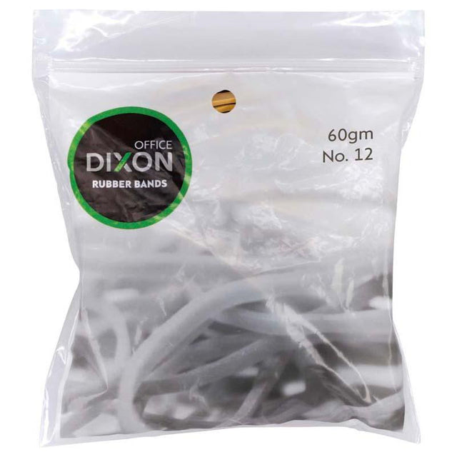 Dixon Rubber Bands 60gm No.12 in brown, ideal for organizing, crafting, and office use; strong, stretchy, and packaged in resealable bag.