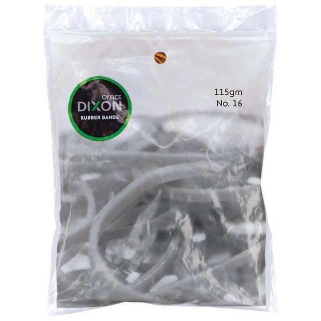 Dixon Rubber Bands in a resealable bag, 1.6mm wide and 64mm long, durable brown bands for versatile home and office use.