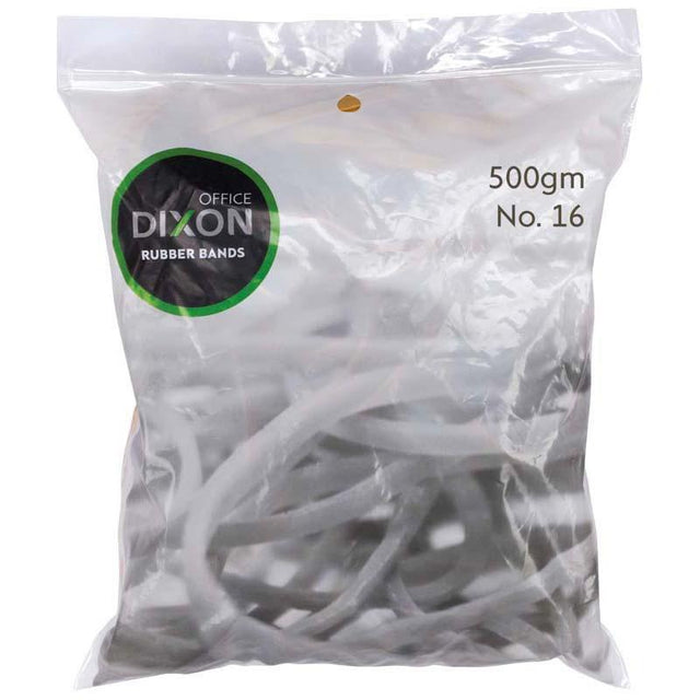 Dixon Rubber Bands in resealable bag, 1.6mm x 64mm, brown, durable for office, crafts, and organization tasks.