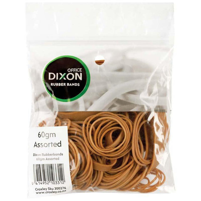 Assorted brown rubber bands in a resealable bag, perfect for organizing, crafting, and office use.