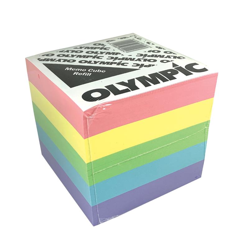 Vibrant Olympic Memo Cube refill in assorted colors, 97x97mm, ideal for organizing notes in style and durability.