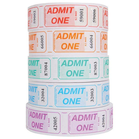 Assorted Globe Admit One Tickets in vibrant colors, 1000 numbered tickets per roll for efficient event entry control.