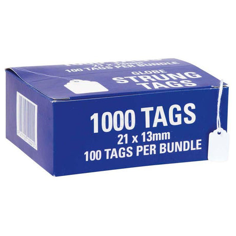 White strung hardware tags measuring 21x13mm, ideal for labeling, organizing, and crafting; 1000 tags in a box.