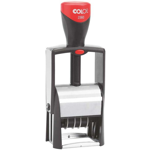 Colop Stamp Dater 2360 with black metal frame, ideal for efficient date stamping in offices, measuring 30x45mm.