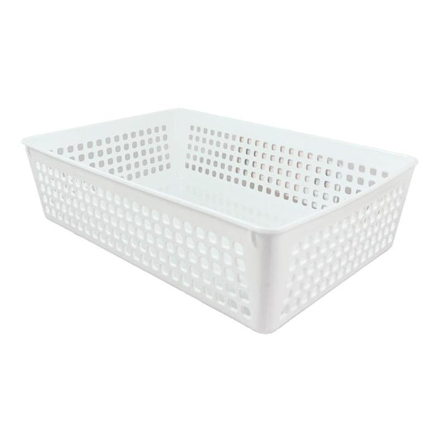White Taurus Medium Basket Tray, stylish and stackable, perfect for organizing items in any space.