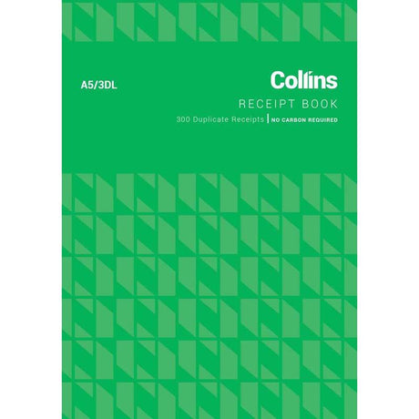 Collins A5 cash receipt book with 100 no-carbon leaves for eco-friendly transaction tracking and record-keeping.