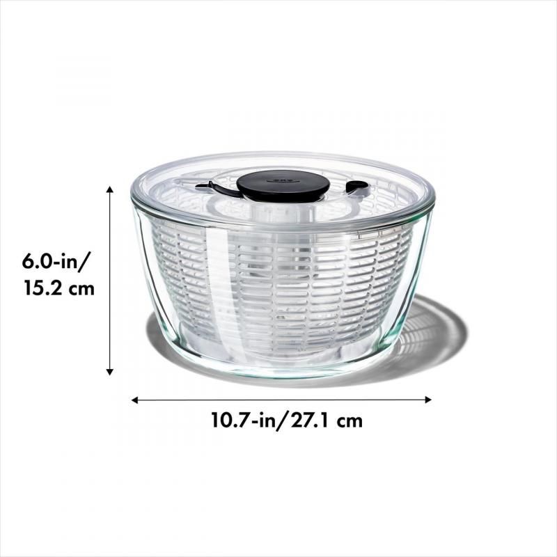 OXO Good Grips Glass Salad Spinner with stainless steel lid, borosilicate glass bowl, and non-slip knob for easy salad prep.