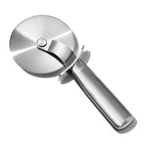 Stainless steel pizza wheel with a 4-inch blade, thumb guard, and non-slip handle for safe, easy slicing of pizzas.