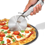 OXO Steel Pizza Wheel with 4-inch stainless steel blade, thumb guard, and ergonomic handle for effortless pizza cutting.