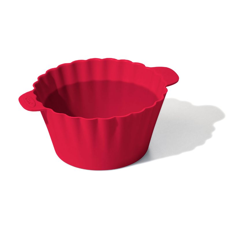 Colorful OXO Silicone Baking Cups in a 12-pack, ideal for cupcakes and snacks, featuring non-stick design and easy lift tabs.